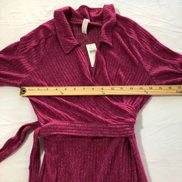 Anthropologie S pink ribbed belted wrap v neck stretchy long sleeve maxi dress - Picture 12 of 15